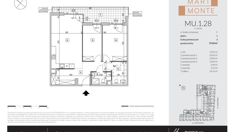 Rzut - Mieszkanie na sprzedaż 3 pokoje o powierzchni 74,1 m² - numer MU.1.28 w Marimonte - apartamenty inwestycyjne