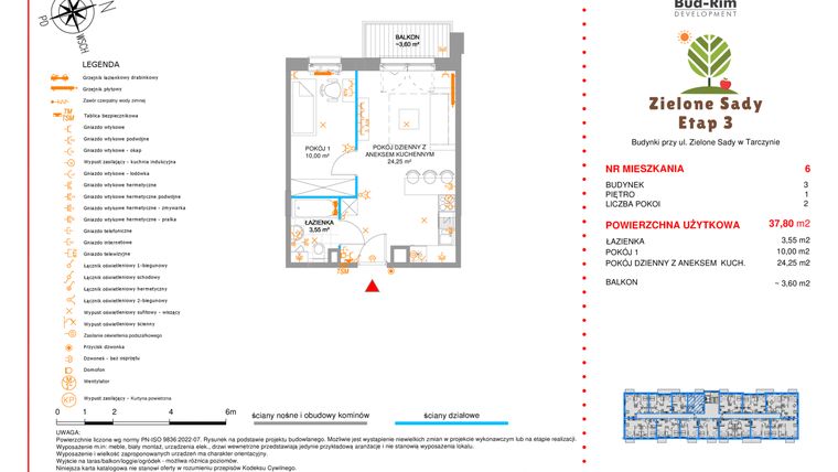 Rzut - Mieszkanie na sprzedaż 2 pokoje o powierzchni 37,8 m² - numer 6 w Zielone Sady etap III