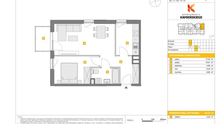 Rzut - Mieszkanie na sprzedaż 2 pokoje o powierzchni 44,23 m² - numer A20 w Apartamenty Kamieńskiego
