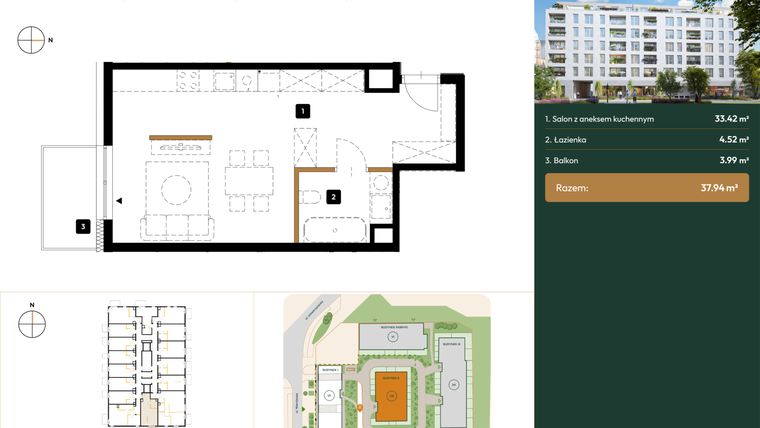 Rzut - Mieszkanie na sprzedaż 1 pokój o powierzchni 37,94 m² - numer B2.3.01 w Wierzbowa 20