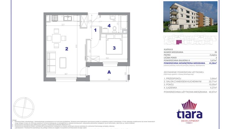 Rzut - Mieszkanie na sprzedaż 2 pokoje o powierzchni 41,96 m² - numer 35 w Osiedle Janowiecka
