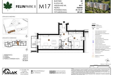Rzut - Mieszkanie na sprzedaż 2 pokoje o powierzchni 51,13 m² - numer M17 w Felin Park II