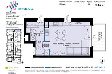 Rzut - Mieszkanie na sprzedaż 1 pokój o powierzchni 33,85 m² - numer B/3/34 w Osiedle Hawelańska etap III - bud. B