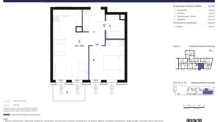 Rzut - Mieszkanie na sprzedaż 2 pokoje o powierzchni 43,78 m² - numer B3 – M1.3 w Primacasa