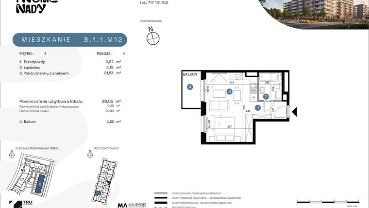 Rzut - Mieszkanie na sprzedaż 1 pokój o powierzchni 29,55 m² - numer B.1.1.M12 w Nowe Promenady etap II