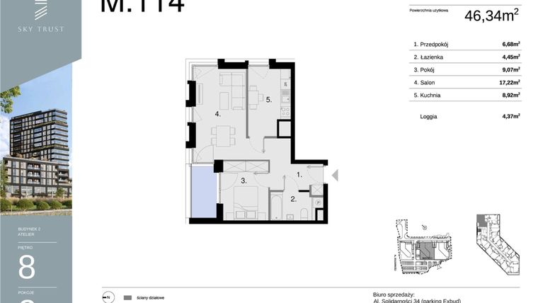 Rzut - Mieszkanie na sprzedaż 2 pokoje o powierzchni 46,34 m² - numer M114 w Sky Trust etap II