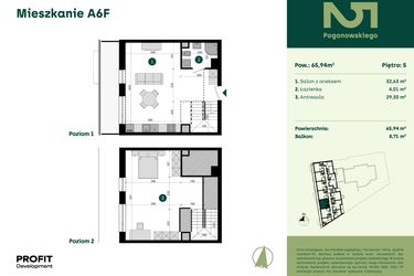 Rzut - Mieszkanie na sprzedaż 1 pokój o powierzchni 65,94 m² - numer POGO2/A/6F w Pogonowskiego 52