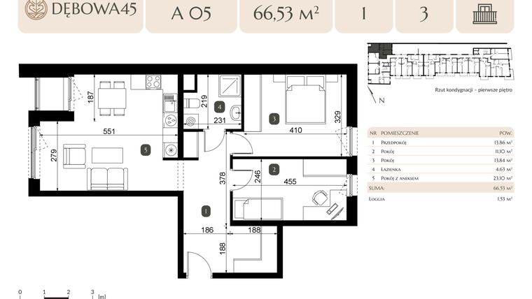 Rzut - Mieszkanie na sprzedaż 3 pokoje o powierzchni 66,53 m² - numer A.05 w Dębowa 45