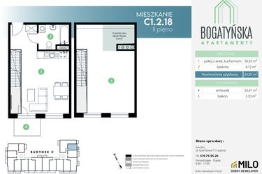 Rzut - Mieszkanie na sprzedaż 2 pokoje o powierzchni 65,18 m² - numer C1.2.18 w Bogatyńska Apartamenty etap 3