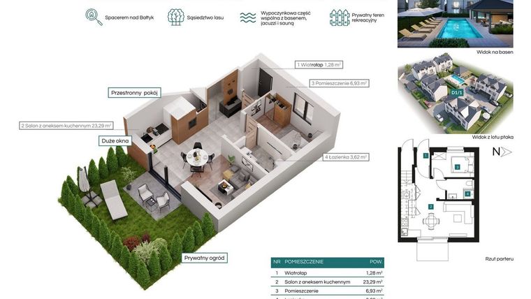 Rzut - Mieszkanie na sprzedaż 2 pokoje o powierzchni 34,44 m² - numer D1/1 w Bałtycka Oaza