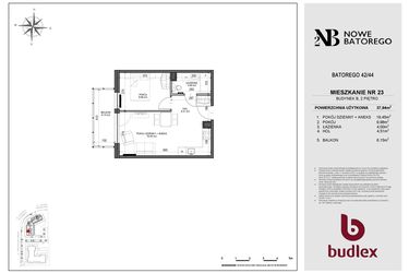 Rzut - Mieszkanie na sprzedaż 2 pokoje o powierzchni 37,94 m² - numer B23 w Nowe Batorego 2