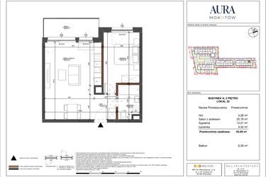 Rzut - Mieszkanie na sprzedaż 2 pokoje o powierzchni 45,69 m² - numer 35 w Aura Mokotów II