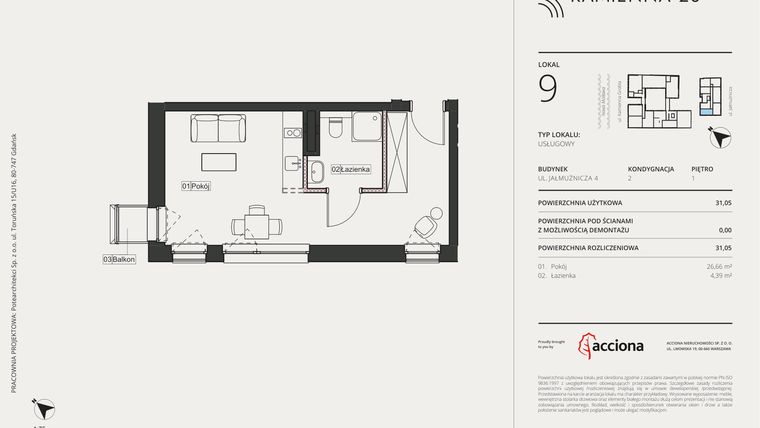 Rzut - Mieszkanie na sprzedaż 1 pokój o powierzchni 31,05 m² - numer 4.9 w Kamienna 28 - apartamenty inwestycyjne