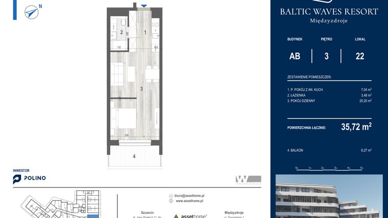 Rzut - Mieszkanie na sprzedaż 1 pokój o powierzchni 35,82 m² - numer AB.3.22 w Baltic Waves