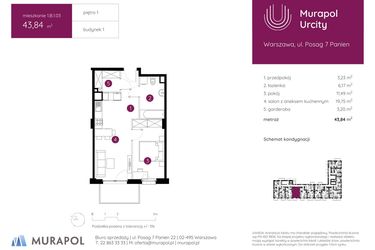 Rzut - Mieszkanie na sprzedaż 2 pokoje o powierzchni 43,84 m² - numer 1.B.1.03 w Murapol Urcity