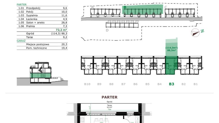 Rzut - Mieszkanie na sprzedaż 3 pokoje o powierzchni 72,2 m² - numer B.3.1. w Dębowe Zacisze