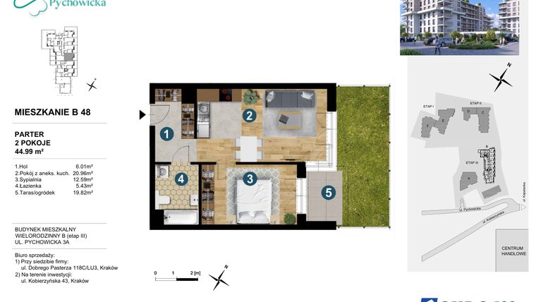 Rzut - Mieszkanie na sprzedaż 2 pokoje o powierzchni 44,99 m² - numer B48 w Kapelanka-Pychowicka Etap III