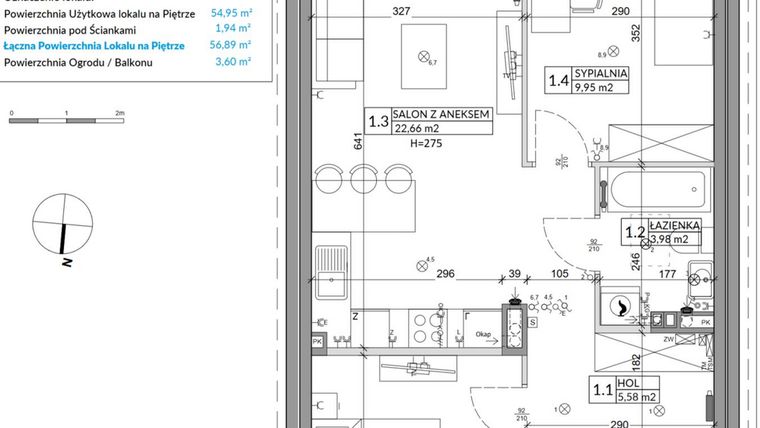 Rzut - Mieszkanie na sprzedaż 3 pokoje o powierzchni 56,89 m² - numer 65B w Osiedle Młodych etap X