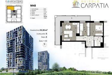 Rzut - Mieszkanie na sprzedaż 3 pokoje o powierzchni 55,46 m² - numer A2.48 w Osiedle Carpatia Etap II