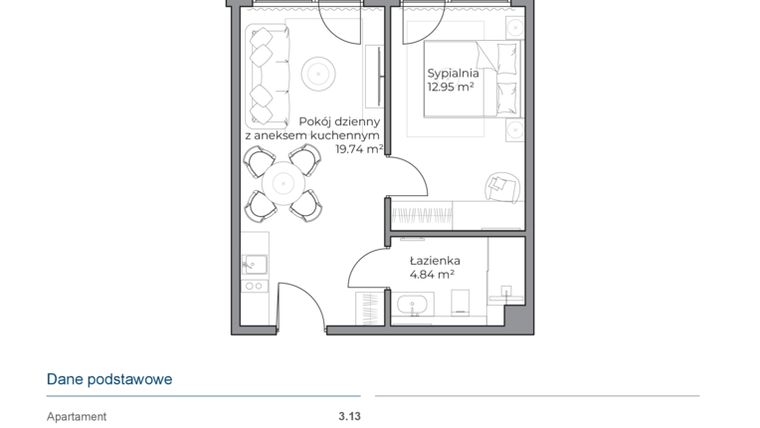 Rzut - Mieszkanie na sprzedaż 2 pokoje o powierzchni 37,58 m² - numer B.3.13 w Anchoria Holiday