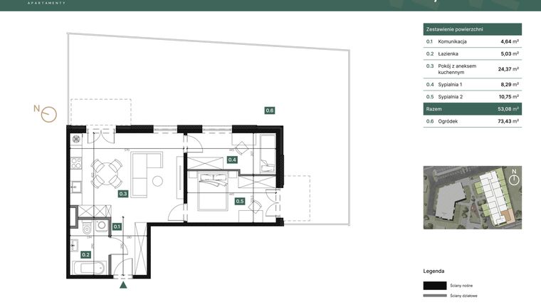 Rzut - Mieszkanie na sprzedaż 3 pokoje o powierzchni 53,08 m² - numer M08 w Sadyba 2.0
