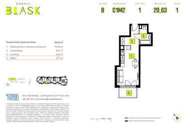 Rzut - Mieszkanie na sprzedaż 1 pokój o powierzchni 29,63 m² - numer C1M2 w Osiedle BLASK - Etap I