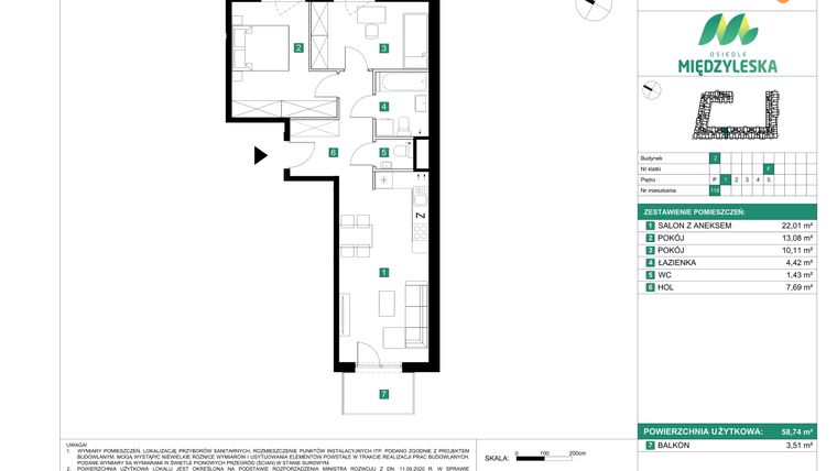 Rzut - Mieszkanie na sprzedaż 3 pokoje o powierzchni 58,74 m² - numer 118 w Osiedle Międzyleska - etap II