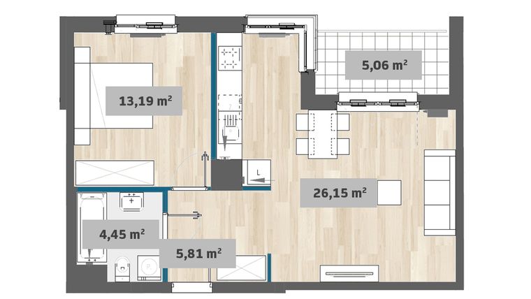 Rzut - Mieszkanie na sprzedaż 2 pokoje o powierzchni 49,49 m² - numer F1.D.01.02 w Sady Żoliborz