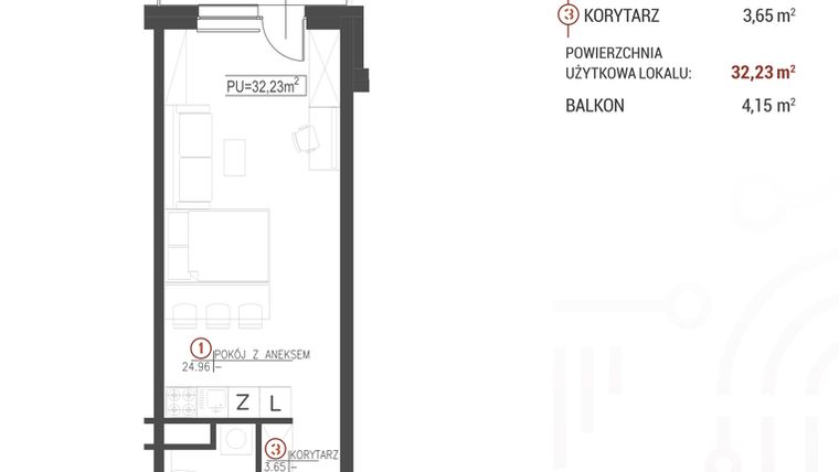 Rzut - Mieszkanie na sprzedaż 1 pokój o powierzchni 32,23 m² - numer 104 w Wróblewskiego 1