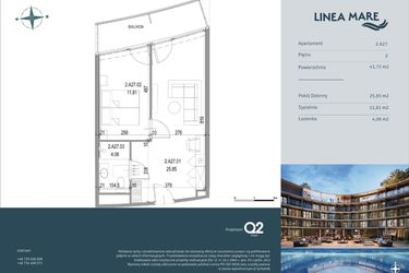 Rzut - Mieszkanie na sprzedaż 2 pokoje o powierzchni 41,72 m² - numer 2.A27 w Linea Mare - apartamenty inwestycyjne