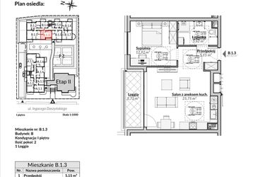 Rzut - Mieszkanie na sprzedaż 2 pokoje o powierzchni 49,43 m² - numer B.1.3 w Nowa Fregata