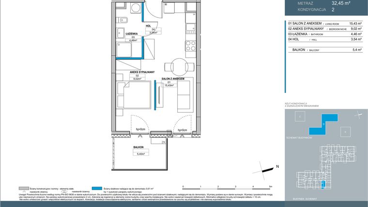 Rzut - Mieszkanie na sprzedaż 1 pokój o powierzchni 32,45 m² - numer D1.2.03 w Nordic Bemowo - etap IV