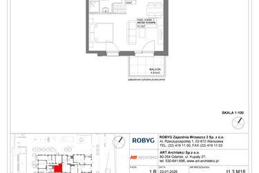Rzut - Mieszkanie na sprzedaż 1 pokój o powierzchni 34,7 m² - numer I1.3M18 w Nowa Wałowa bud. I1