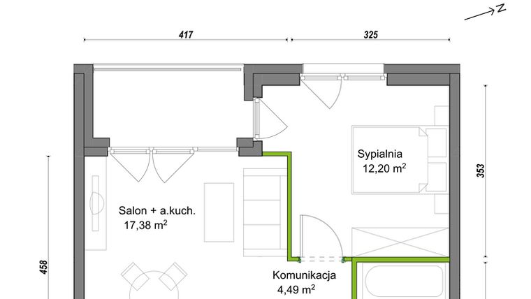 Rzut - Mieszkanie na sprzedaż 2 pokoje o powierzchni 38,47 m² - numer F1/C/04 w Orawska Vita