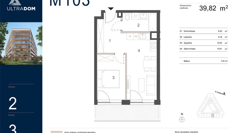 Rzut - Mieszkanie na sprzedaż 2 pokoje o powierzchni 39,82 m² - numer M103 w Ultradom