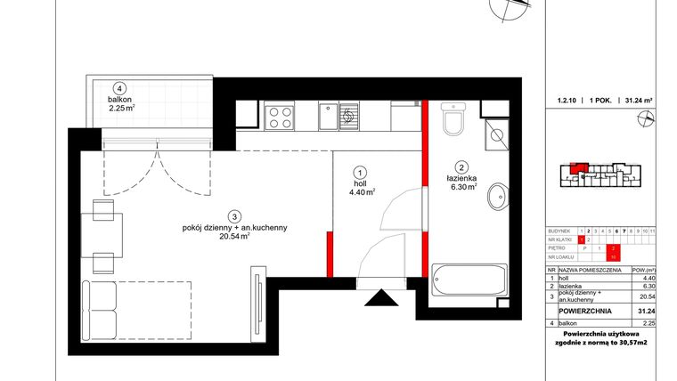 Rzut - Mieszkanie na sprzedaż 1 pokój o powierzchni 30,57 m² - numer 10 w Czynu Społecznego 65F