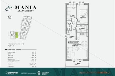 Rzut - Mieszkanie na sprzedaż 3 pokoje o powierzchni 72,21 m² - numer 5 w MANIA Apartamenty