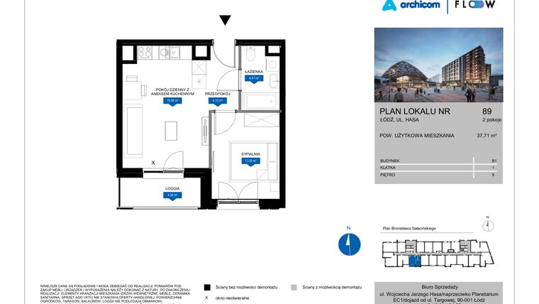 Rzut - Mieszkanie na sprzedaż 2 pokoje o powierzchni 37,71 m² - numer 89 w Flow