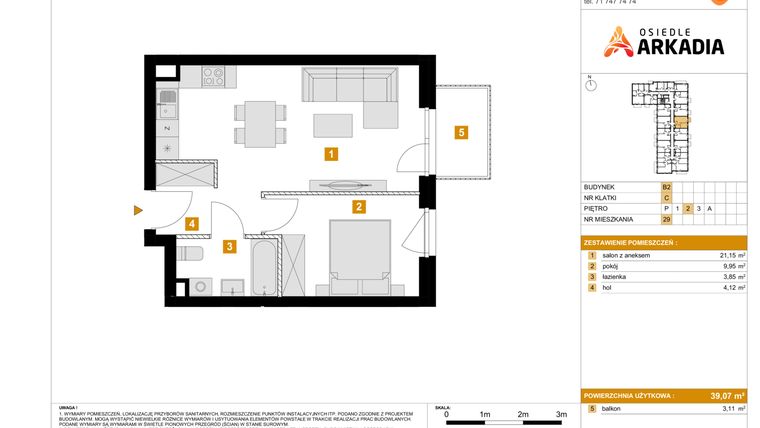 Rzut - Mieszkanie na sprzedaż 2 pokoje o powierzchni 39,07 m² - numer 29 w Osiedle Arkadia