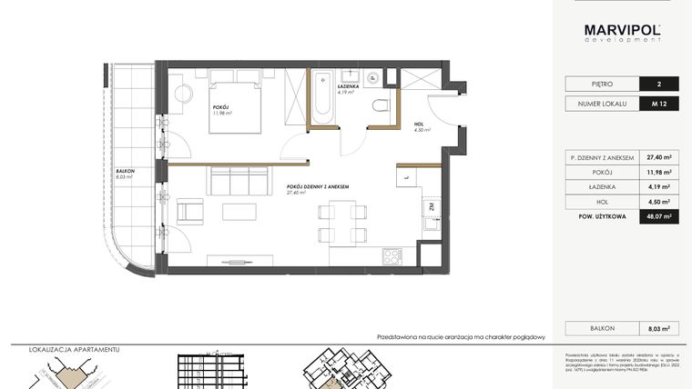 Rzut - Mieszkanie na sprzedaż 2 pokoje o powierzchni 48,07 m² - numer M12 w SENGERA 1
