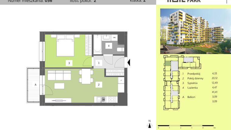 Rzut - Mieszkanie na sprzedaż 2 pokoje o powierzchni 41,41 m² - numer 56 w Dworzysko Park - Etap II
