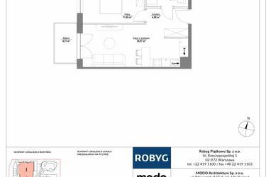 Rzut - Mieszkanie na sprzedaż 2 pokoje o powierzchni 41,5 m² - numer 1M02 w Początek Piątkowo bud. I