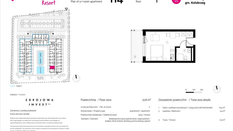 Rzut - Mieszkanie na sprzedaż 1 pokój o powierzchni 22,8 m² - numer 114 w VacationClub Resort