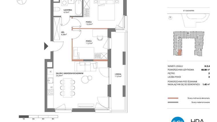Rzut - Mieszkanie na sprzedaż 3 pokoje o powierzchni 66,88 m² - numer H.2.4 w Łopuszańska 47 - etap 3
