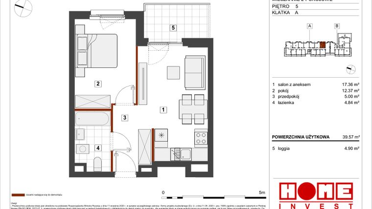 Rzut - Mieszkanie na sprzedaż 2 pokoje o powierzchni 39,57 m² - numer A-A076 w Warszawski Świt etap VII