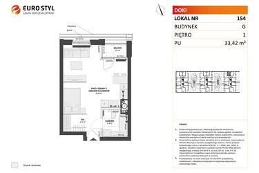 Rzut - Mieszkanie na sprzedaż 1 pokój o powierzchni 33,42 m² - numer G.154 w DOKI Living etap II