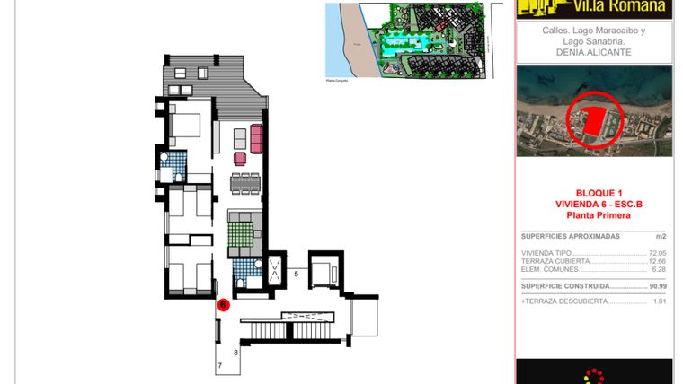 Rzut - Mieszkanie na sprzedaż 3 pokoje o powierzchni 90,99 m² - numer 1-B-6 w Residencial L 'Estanyo Vil.la Romana