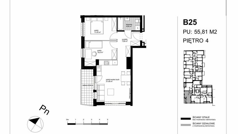 Rzut - Mieszkanie na sprzedaż 3 pokoje o powierzchni 55,81 m² - numer B25 w Apartamenty Kopernika - etap II
