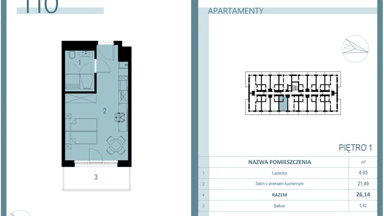 Rzut - Mieszkanie na sprzedaż 1 pokój o powierzchni 26,14 m² - numer 110 w Linea Mare Mrzeżyno