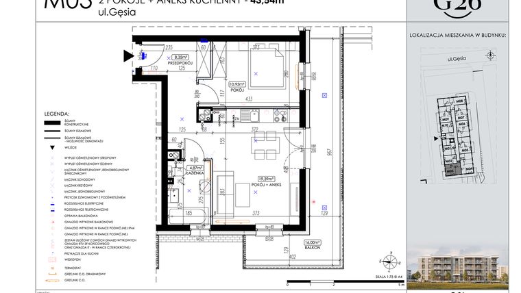 Rzut - Mieszkanie na sprzedaż 2 pokoje o powierzchni 43,54 m² - numer 3 w Gęsia 26